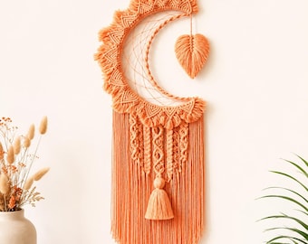 Handmade Peach Macrame Dreamcatcher, Crescent Moon Wall Hanging, Boho Fiber Art