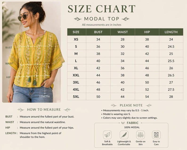 Puede incluir: Una mujer con un top modal amarillo con estampado floral, cintura con cord&oacute;n y detalles de borlas. La imagen incluye una tabla de tallas con medidas en pulgadas para busto, cintura, cadera y largo. La tela es 100% modal.