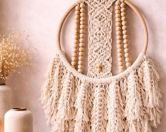 Large Macrame Wall Hanging with Wooden Beads | Handmade Boho Decor | Cotton Woven Fiber Art |