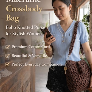 May include: A dark brown macrame crossbody bag featuring a thick knotted texture, a matching tassel detail, and a wide braided shoulder strap. The bag is adorned with a small metallic key charm attached to the side hardware ring.
