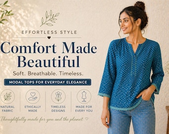 Blue Top Women, Printed Summer, Lightweight Casual Top, Relaxed Fit Tunic, Comfortable Everyday Wear