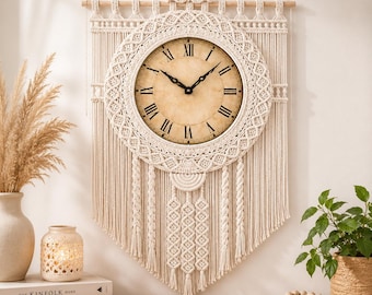 Large Macrame Clock | Handmade Boho Wall Hanging Clock | Rustic Farmhouse  Decor | Living Room Gift |
