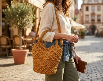 Handmade Macramé Shoulder Bag, Boho Woven Tote, Crochet Crossbody (Summer Beach Bag)