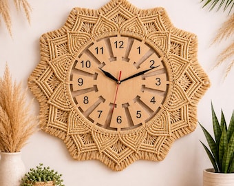 Macrame Wall Clock Handmade | Boho Mandala Wall Art | Neutral Rustic Home Decor