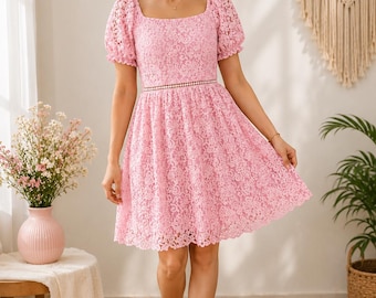 Pink Floral Lace Mini Dress, Puff Sleeve Square Neck Skater Dress