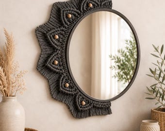 Handmade Macrame Wall Mirror | Charcoal Grey Boho Fiber Art Decor