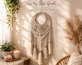 Atrapasueños de macramé bohemio para colgar en la pared / Atrapasueños de algodón hecho a mano / Decoración bohemia para dormitorio / Decoración de pared para cuarto infantil / Regalo de boda