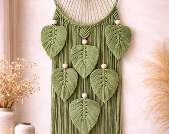 Green Macrame Leaf Wall Hanging, Boho Botanical Fiber Art, Natural Cotton Cord Décor