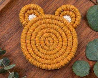 Handmade Bear Coaster, Woven Raffia Drink Mat, Boho Table Decor, Eco Friendly Housewarming Gift