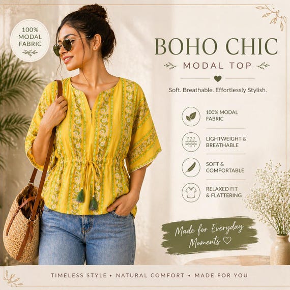 Yellow Boho Modal ,Women, Printed Summer Wear, Lightweight Casual Top, Comfortable Everyday Wear