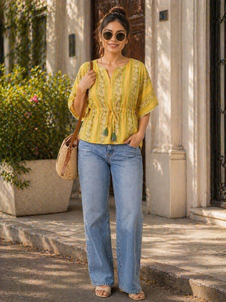 Puede incluir: Una mujer con un top amarillo con estampado floral y vaqueros azules. El top tiene mangas cortas y cintura ajustable. Lleva gafas de sol y un bolso de paja. El conjunto es informal y adecuado para el clima c&aacute;lido.