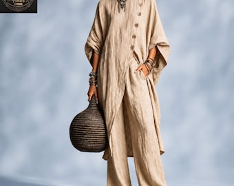 Boho 2 Piece Set Women, Relaxed Tunic Top & Wide Leg Pants, Casual Resort Outfit