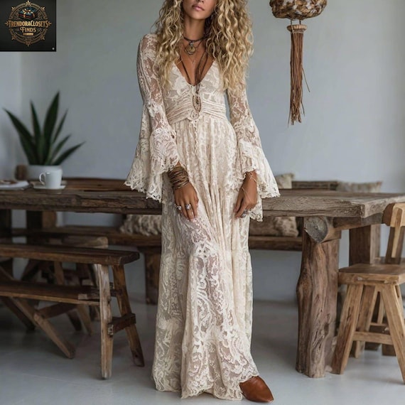 maxi nylon dress Handmade Nylon Lace Maxi Dress V Neck Long Sleeve Wedding Party Bohemian  Gown