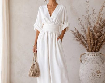 Mono elegante hecho a mano, mono de pierna ancha estilo boho con cuello en V, vestido de verano