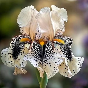 Peut inclure: Gros plan sur une fleur d'iris aux pétales blancs, tachetés de points noirs et de motifs rayés. La fleur présente des accents jaunes et une tige verte, sur un fond flou.