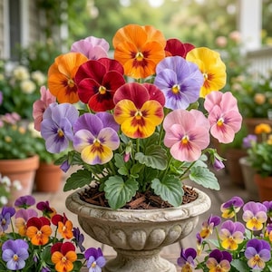 May include: A stone urn overflowing with colorful pansies in shades of orange, red, yellow, purple, and pink. The flowers have dark centers and green foliage. Other potted pansies are in the background.