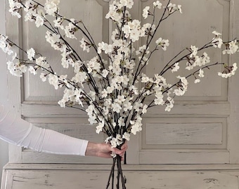 Artificial Cherry Blossom Branches, White Silk Faux Flowers, Long Stem Floral Decor (Vase Arrangement)