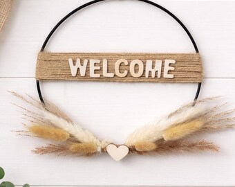 Välkomstkrans med torkade blommor – Rustik ytterdörrsdekoration med träskylt och hjärta – Boho väggdekorationspresent