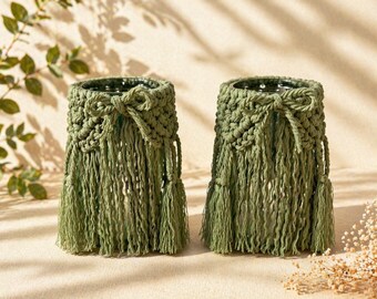Set di 2 lanterne in macramè – Portacandele in vetro stile boho – Decorazioni fatte a mano per soggiorno, balcone e terrazzo – Regalo perfetto