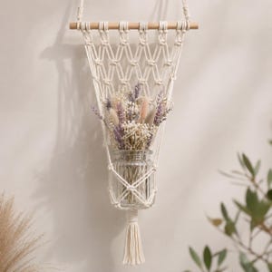 Appendiabiti da parete in macramè con vaso in vetro – Decorazione da parete boho con fiori secchi – Vaso sospeso fatto a mano, decorazione per soggiorno, idea regalo