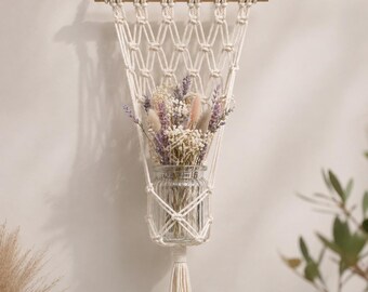 Colgador de pared de macramé con jarrón de cristal – Decoración de pared bohemia con flores secas – Jarrón colgante hecho a mano, decoración para sala de estar, regalo