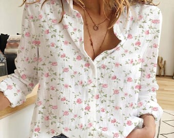 Blusa de rosas, blusa floral para mujer, camisa vintage con flores para mujer, camisa para amantes de las rosas, blusa veraniega para mujer, regalo para ella