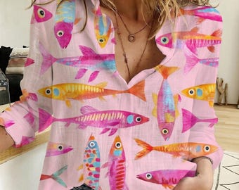 Coastal Aesthetic Fish Blouse Shirt, Retro Fish Shirt, Summer Long Sleeve Shirt, Tropical Fishing Shirt Women, Sea Life Outfits For Her