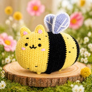 May include: A handmade, plush bee toy with a yellow body, black stripes, and blue wings. The bee has a smiling face with pink cheeks and small ears. The toy is sitting on a wooden slice, surrounded by flowers.
