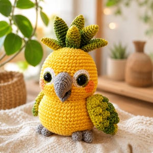 May include: A crochet parrot toy featuring a bright yellow body, green wings, and a green crest on its head. The bird has large black eyes, a grey beak, and small orange patches on its cheeks. It has small grey feet and a textured yarn finish.