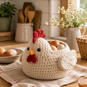 Crochet Chicken Egg Basket Pattern PDF, Cute Hen Storage Basket Instant Download, Farmhouse Kitchen Decor Easter Chicken Bowl Crochet Gift