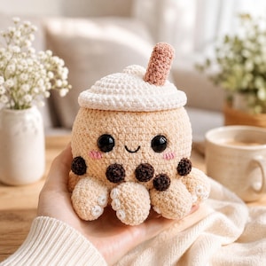 Bubble Tea Octopus Crochet Pattern PDF Amigurumi, Kawaii Boba Cup Plush Toy Pattern, Easy Instant Download Desk Decor Chenille Yarn Gift