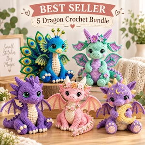 May include: Five crocheted dragon plushies in various colours including blue with a peacock tail, mint green with flowers, purple, pink with a floral crown, and purple with a yellow moon. The text "BEST SELLER 5 Dragon Crochet Bundle" is displayed.