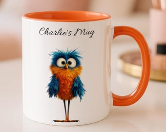 Taza de cerámica personalizada con diseño de pájaro esponjoso, taza de café con nombre personalizado
