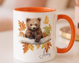 Taza personalizada con diseño de osezno, regalo personalizado con nombre y temática de animales del bosque.
