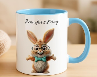 Taza personalizada con diseño de conejo, taza de café con ilustración de conejo, vajilla con nombre personalizado