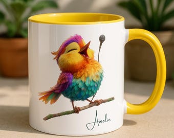 Taza personalizada con diseño de pájaro cantor, taza con nombre personalizado, regalo para amantes de la música.