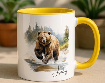 Taza personalizada con diseño de oso, regalo personalizado con nombre y motivos de animales del bosque.