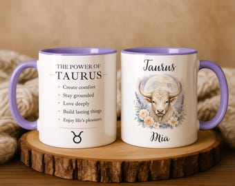 Taza personalizada del signo zodiacal Tauro, regalo con nombre y horóscopo personalizados, 8 colores.