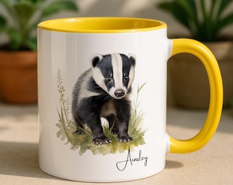 Taza personalizada con diseño de cachorro de tejón, regalo personalizado con nombre y temática de animales del bosque.