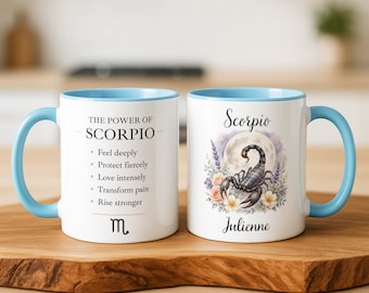 Taza con el signo zodiacal Escorpio, regalo astrológico personalizado con nombre, 8 colores.