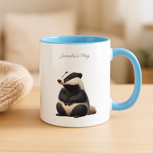 Personalized Badger Ceramic Mug, Custom Text Coffee Cup, Woodland Animal Lover Gift