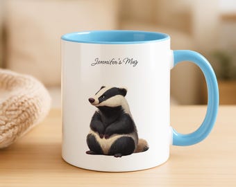 Taza de cerámica personalizada con diseño de tejón, taza de café con texto personalizado, regalo para amantes de los animales del bosque.