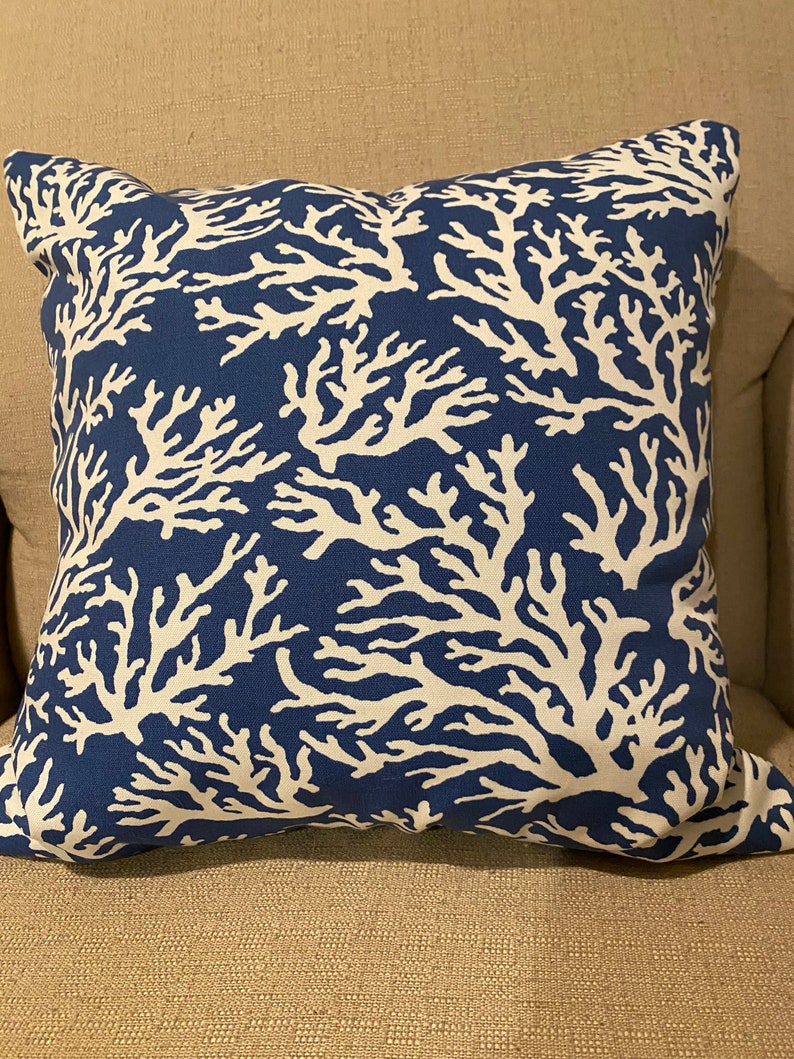 Coastal Blue/white Coral Print Outdoor Fabric Pillow Cover 18x18 Made