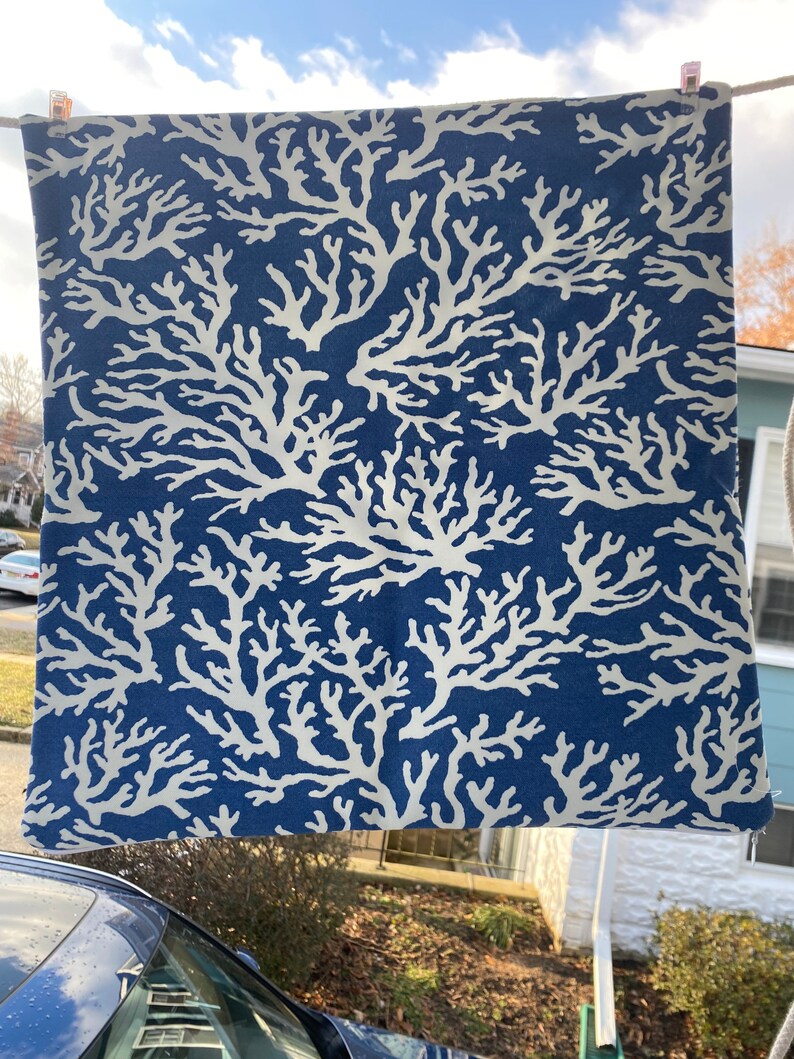 Coastal Blue/white Coral Print Outdoor Fabric Pillow Cover 18x18 Made