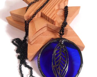 Blue Glass Necklace Stained Glass Necklace Glass Metal Jewelry Handmade Necklace Round Blue Pendant Leaf Necklace Black Blue Necklace Nature