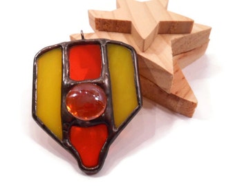 Stained Glass Necklace Pendant Spade Necklace Handmade Jewelry Glass Metal Jewelry  Orange Yellow Pendant Statement Jewelry Shield Necklace