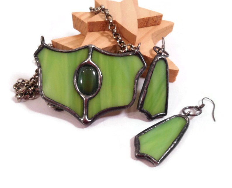 Stained Glass Jewelry Set Green Glass Necklace Earrings Set Handmade