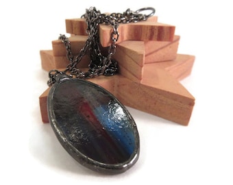 Stained Glass Jewelry Streaky Red Green Blue Glass Pendant Handmade Jewelry Boho Oval Necklace Unique Gift Idea Green Red Blue Necklace