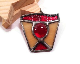 Stained Glass Jewelry Necklace Red Shield Pendant Handmade Red Glass Jewelry Glass and Metal Jewelry Gothic Jewelry  Handmade Necklace