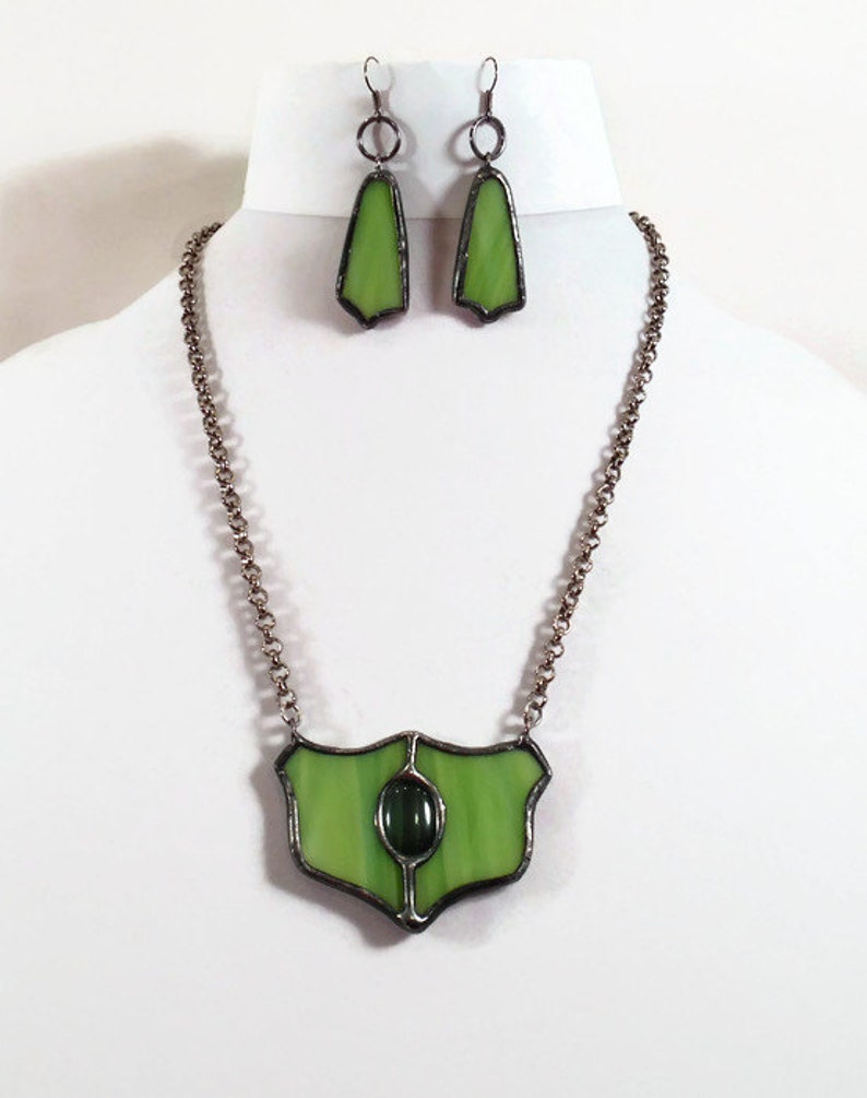 Stained Glass Jewelry Set Green Glass Necklace Earrings Set Handmade